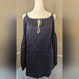 NWT Chaser Women's Cold Shoulder Satin Top Navy Blouse Long Sleeve in Size Med